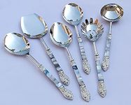 Made For You Designer Brass Seep Handle Design Serving Spoon Set Of 6 Piece With Mother Of Pearl In Black Gift Box 35% Off - 30 Cm