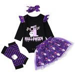 Savlot Baby Girl My First Halloween Outfit Long Sleeve Pumpkin Ghost Printed Romper Tutu Skirt with Leg Warmers Headband 4pcs Infant Newborn Clothes Set