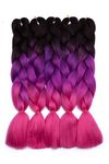 Real Fashion 5Pcs Braiding Hair Extensions Synthetic Ombre Hair Braiding High Temperature Fiber Crochet Twist Braids 24" Long - Black to Purple to Rose Red