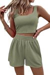 Trendy Queen Womens Spring Fashion 2023 Short Sets Women 2 Piece Outfits Sweatsuit Lounge Wear Set Rib Knit Going Out Clothes 2023 Green