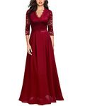 MISSMAY Women's Formal Floral Lace 2/3 Sleeves Long Evening Party Maxi Dress, X-Large, Red