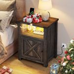 YITAHOME Farmhouse Nightstand with Charging Station & LED Lights, End Side Table with Storage Cabinet, Night Stands for Bedroom, Bedside Table with Barn Door & Storage Shelf, Dark Rustic Oak