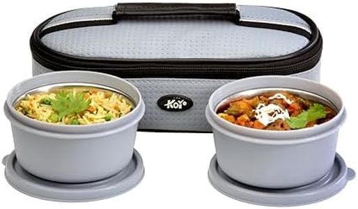KOI Bitebox Set of 2 Horizontal Lunch Box: Leak Proof & Microwave Safe, 2 Inner Steel Containers (450ml), Insulated Fabric Bag for Full Meal, Easy to Carry (Grey)