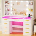 ANWBROAD Dressing Table with Mirror and Lights 3 Colors Large Makeup Vanity Desk Transparent Glass Top with 9 RGB Drawers, 4 Shelves Vanity Table with Power Outlet White Bedroom Women YBDT95W