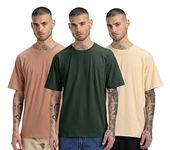 Veirdo® Pure Cotton Cork & Swanwhite & Olive Oversized Fit Half Sleeve Solid Round Neck T-Shirt for Men (PO3_OS_CR_SW_OL_XXL)