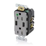 Leviton T5632-HGG 15-Amp Hospital Grade USB Charger/Tamper-Resistant Duplex Receptacle, Gray