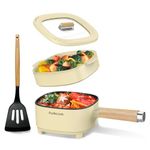 Audecook Electric Pot 2L, Cermic Glaze Non-Stick Skillet 8 Inch, Portable Ramen Cooker for Dormitory, Travel, Home, Camping, Hotel (2L(with Steamer), Beige)