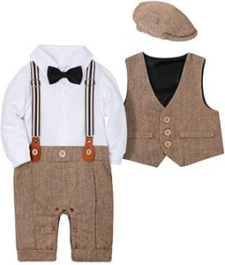 WESIDOM Baby Boy Suit Outfits Set 3pcs,Infant Tuxedo Long Sleeve Gentleman Wedding Jumpsuit & Vest Coat & Beret Hat, Brown, 9-12 Months