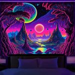 Manicer Blacklight Galaxy Moon Tapestry - Trippy Alien Landscape, UV Reactive Neon Mountain Forest, Space Fantasy Plants Wall Hanging for Room Decor - 59 x 51 inches