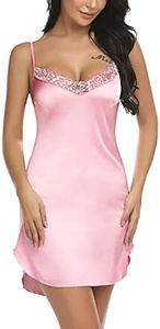 Avidlove Pink Lingerie Babydoll Lingerie for Women Women's Nightwear Sexy Satin Sleepwear Lace Chemises Mini Full Slip(Pink,M)