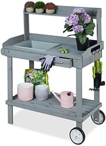 Relaxdays Table pour Plante avec roulettes, bac et tiroir, pour Le Jardin, Bois, Plastique, HlP: 120 x 97 x 48 cm, Gris