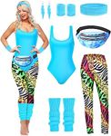 7 Pcs 80s Workout Costume 80s Accessories Set 80s 90s Leotard Legging Headband Wristbands Leg Warmers Earrings Fanny Pack (Cute Zebra, Medium)