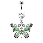 Pierced Owl Butterfly with Gems 14G Navel Dangle Belly Button Ring 316L Surgical Steel (Green)