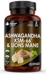 Ashwagandha KSM-66 and Lions Mane Capsules - High Strength 2000mg KSM-66 Ashwaghandha Root Extract and Lions Mane Mushroom Extract - 120 Vegan Capsules with Black Pepper - UK Made by New Leaf