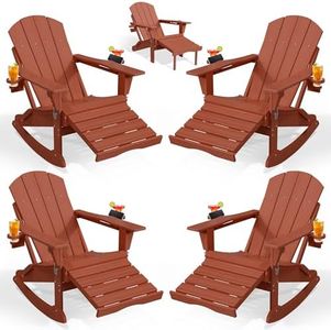 PLUUV Folding Adjustable Adirondack Rocking Chair Set of 4 with Retractable Ottoman and Cup Holders, Outdoor HDPE Adirondack Rocker Patio Chair, Wood-Like Reclining Adirondack Chair, Red