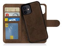 MyGadget Flip Case for iPhone 12 Mini - 2 in 1 Magnetic PU Leather Wallet Cover - Card Slots & Detachable Back Slim TPU Bumper Shell Brown