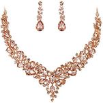 BriLove Wedding Bridal Necklace Earrings Jewelry Set for Women Austrian Crystal Teardrop Cluster Statement Necklace Dangle Earrings Set Peach Morganite Color Rose-Gold-Toned.