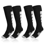 ZEPOHCK Kids Athletic Soccer Socks, 2 Pairs Knee High Socks for Youth Boys Girls for Shoe Size 3-6.5 / Ages 6-12 (Black-006)