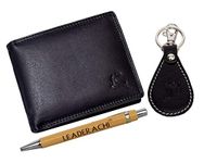 LEADERACHI Genuine Full Grain Dark Black Leather RFID Blocking Bi fold Wallet with Designer Leather Key Ring & Metallic Black Pen Combo Gift Box for Mens.(WPK-8014BK)
