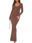 REORIA Women's Sexy Casual Scoop Neck Long Sleeve Lounge Long Dress Elegant Fall Wedding Guest Tight Ribbed Bodycon Maxi Dresses Coffee Small