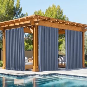 NICETOWN 2 Panels Outdoor Curtains Waterproof Pocket & Back Tab on Top & Bottom, Thermal Insulated Windproof Sun Blocking Outside Privacy Drapes for Patio with Fixed Rope, W84 x L95, Stone Blue