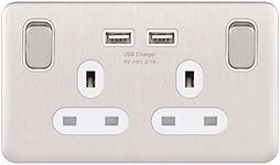 Schneider Electric Lisse Screwless Deco - Switched Double Power Socket, Single Pole with USB Charging Ports, 13A, GGBL30202USBAWSSS, Stainless Steel with White Insert