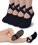 RATIVE X-Cross Anti Slip Non Skid Barre Yoga Pilates Hospital Socks with grips for Adults Men Women (Medium, 4-pairs/Black)