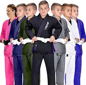 Elite Sports Kids BJJ GI, Youth IBJJF Children’s Brazilian Jiujitsu Gi kimono W/Preshrunk Fabric & Free Belt (C2, Premium Black)