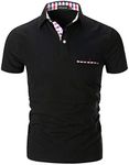 STTLZMC Mens Casual Short Sleeve Poloshirt with Fashion Plaid Splice T-Shirt,Black,L