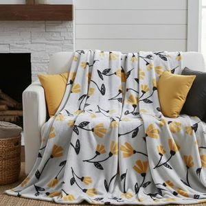 DaDa Bedding Floral Fleece Throw Blanket - Soft Faux Mink Flannel with Yellow Orange Tulips on Grey - Cozy & Elegant Home Decor - 50" x 60"