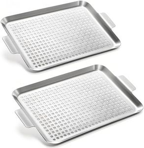 Nicunom 2 Pack BBQ Grill Topper Grilling Pans, Non-Stick Stainless Steel Grilling Tray with Holes, Barbecue Basket Outdoor Grill Accessories for Meat, Vegetables, Seafood, 10" x16.5"