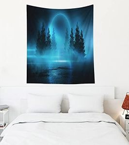 EMMTEEY Misty Forest Tapestry Moonlight Shine Dark Natural Scene with Reflection of in the Water Neon Blue Tapestry Wall Art 50X60 Tapestry