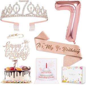 7th Birthday Decorations for Girls - Cake Topper, Queen Sash With Pearl Pin, Rhinestone Tiara Crown, Number Candles and Balloons Set, Rose Gold
