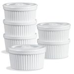 ONEMORE Ramekins with Lids, 8 oz Creme Brulee Souffle Dishes Oven Safe Ceramic Pudding Cups with Silicone Covers Stackable Custard Cups Set of 6 for Baking - White