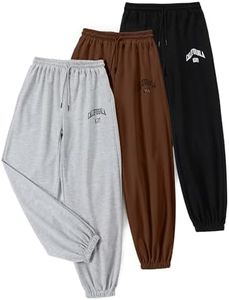 EXARUS 3 Pack Girls' Letter Graphic Print Sweatpants with Pockets Joggers Pants High Waisted Cute Sweat Pants 6-14Y, Set 12, 10 Years