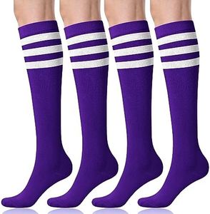 FITRELL Women's Knee High Socks Athletic Socks Stripe Tube Outdoor Sport Socks 4 Pairs, Purple