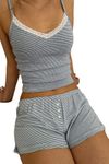 MIEAHORY Womens 2PCs Pajamas Sets Y2k Lace Teen girls Sleeveless Heart Print Cami Tops and Shorts Matching Sleepwear (Gray Stripe, S)