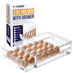 YOLKIEE Egg Storage with Drawer For Fridge | 24 Capacity Clear Egg Holder Organizer with Interior Rubber Stopper | Stackable Egg Dispenser with Lid | Large Capacity Egg Tray Container w/Non-Slip Pads