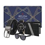 Relish Gift Combo Box of Men's Black Analog Leather Strap Watch, Texture Wallet, Reversible Belt and Sunglasses