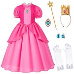 Princess Peach Dress for Girls, Kids Princess Peach costume with Crown Gloves Wand Earrings 4T 5T