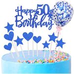 Personalised Happy 50th Birthday Cake Toppers Blue for Men,Women,Him,Her,Happy Birthday Sign for Cake,11p Glitter Cupcake Topper Cake Topper Kit 50th Birthday Cake Decoration for 50th Birthday Party