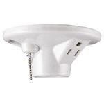 GE Porcelain Lampholder with Outlet and Pull Chain, Medium Base, Grounded Plug, Indoor Lighting, 3-Prong, Mount on 3-1/4” or 4” Box, UL Listed, White, 18305