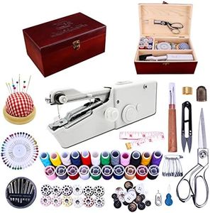 Handheld Sewing Machine, Hand held Sewing Device Heavy duty, Hand Sewing Machine Portable, Wooden Sewing Box with 153 Pcs Sewing Kit