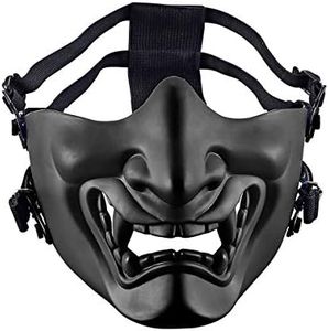 AOUTACC Airsoft Half Face Masks, Evil Demon Monster Kabuki Samurai Hannya Oni Half Face Protective Masks Masquerade Ball, Party, Halloween, Cs War Game (Adjustable Strap Black)