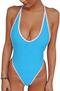 ALLureLove Sexy Womens Monokini Deep V One Piece Backless Cheeky Swimwear Semi Thong Bikini (Blue, Medium)