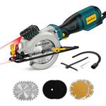 Enventor Mini Circular Saw, 5.8A Electric Circular Saw with 6 Saw Blades 115mm, Laser Guide, Max Cutting Depth 42.8MM(90°),28MM (45°), Ideal for Soft Metal, Wood, Tile, Drywall, Plastic Cuts, Blue