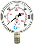 CARBO Instruments Stainless Steel Pressure Gauge Dual Display (0-3000 psi/kPa) - 2 1-2" Glycerine Liquid Filled Water Air Oil Gas Gauge with Polycarbonate Lens & Brass Connection -1/4" NPT Lower Mount