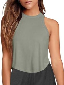 LASLULU Womens Sexy High Neck Tank Tops Green Workout Shirts Ribbed Flowy Halter Dance Muscle Tanks Crop Tops for Teen Girls(Grey Green Large)