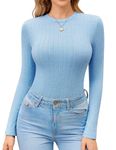 Ekouaer Long Sleeve Shirts for Women Fitted, Ribbed Trendy Tops Thermal Underscrubs Crew Neck, Stretch Basic Layering Sweater Undershirt Light Blue M