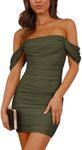 PRETTYGARDEN Women's Summer Mini Ruched Bodycon Dress Off Shoulder Sleeveless Cocktail Party Short Fitted Dress (Army Green,Medium)